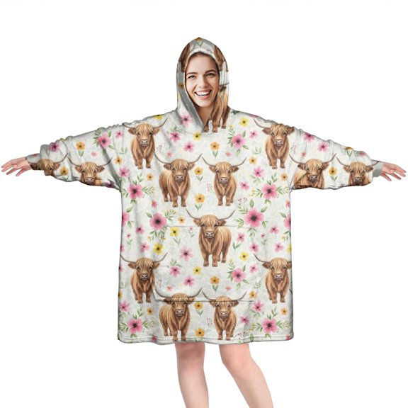 White Highland Cow Flower Pattern Wearable Oversized Blanket,Wearable Blanket Hoodie for Adults,Cozy Hooded Blankets with Super Pockets,Super Warm Fuzzy Pullover for Women & Men