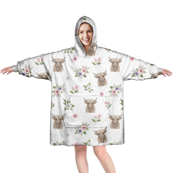 White Highland Cow Flower Pattern Wearable Oversized Blanket,Wearable Blanket Hoodie for Adults,Cozy Hooded Blankets with Super Pockets,Super Warm Fuzzy Pullover for Women & Men