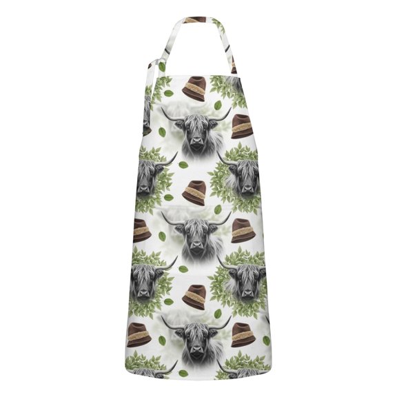 White Highland Cow Hat Leaf Pattern Apron-Garden Aprons for Women with Pockets-Cotton Linen Waterproof Kitchen Cooking Gardening Aprons Adjustable for Kitchen,Cooking,BBQ and Salon 33x27 Inch