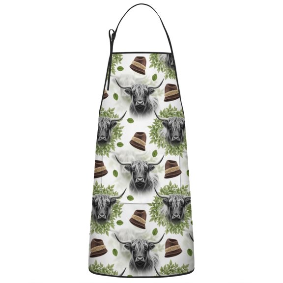 White Highland Cow Hat Leaf Pattern Apron-Garden Aprons for Women with Pockets-Cotton Linen Waterproof Kitchen Cooking Gardening Aprons Adjustable for Kitchen,Cooking,BBQ and Salon 33x27 Inch