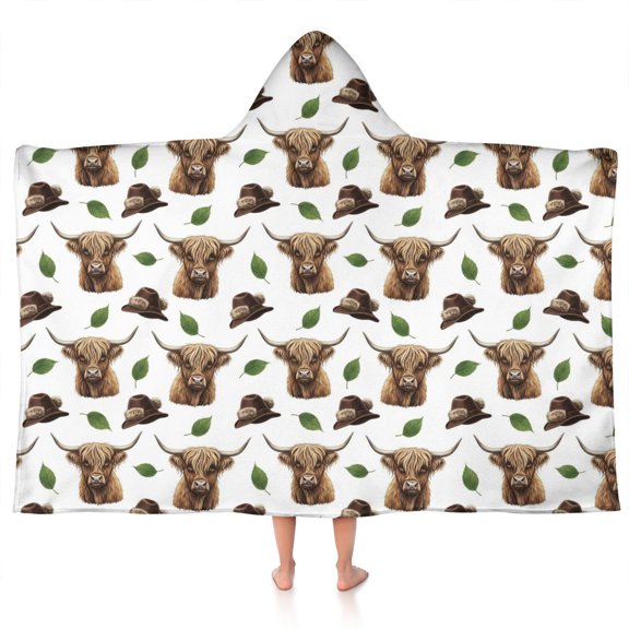 White Highland Cow Hat Leaf Pattern Hooded Bath Towel，50"x30" for Ages 3 To 12 Kids, Quick Dry Lightweight Soft Microfiber Hood Beach Towel Cover Up for Kids