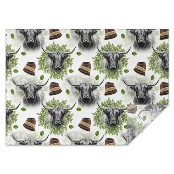 White Highland Cow Hat Leaf Pattern Rectangle Tablecloth 60"x84",Waterproof Polyester Rectangle Table Cloth, Wipeable Spillproof Polyester Tablecloth for Dining, Camping, Indoor and Outdoor
