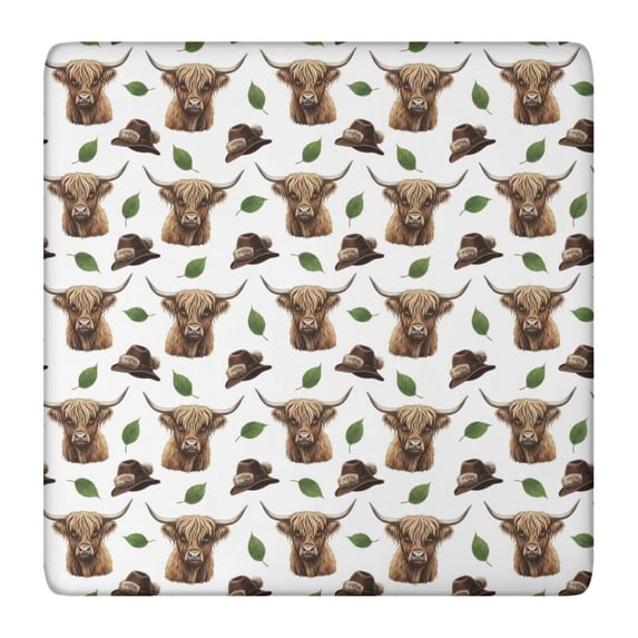 White Highland Cow Hat Leaf Pattern Square Fitted Tablecloth with Elastic Edge,Square Table Cover,Washable Elastic Table Cover for Home Kitchen Party Decor 36"x36"