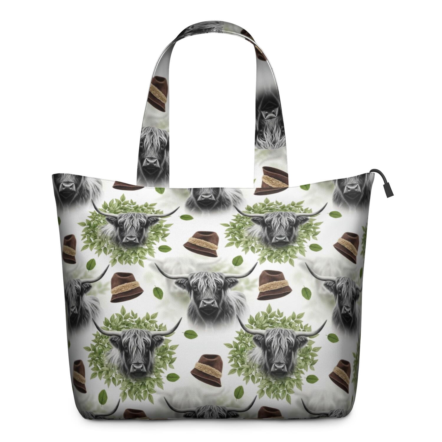 White Highland Cow Hat Leaf Pattern Travel Tote Bags for Women Carry On,Large Weekender Bags for Women Travel,Multi Functional Duffle Bag for Work,Shopping,Sports