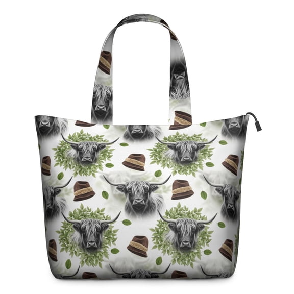 White Highland Cow Hat Leaf Pattern Travel Tote Bags for Women Carry On,Large Weekender Bags for Women Travel,Multi Functional Duffle Bag for Work,Shopping,Sports