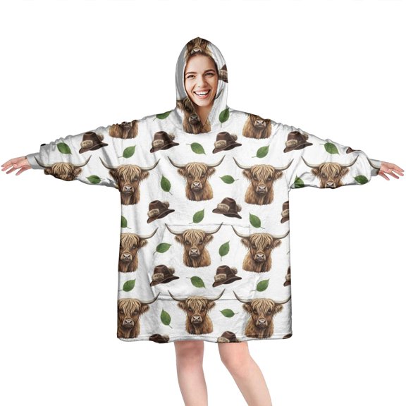 White Highland Cow Hat Leaf Pattern Wearable Oversized Blanket,Wearable Blanket Hoodie for Adults,Cozy Hooded Blankets with Super Pockets,Super Warm Fuzzy Pullover for Women & Men