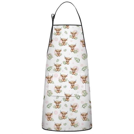 White Highland Cow Leaf Pattern Apron-Garden Aprons for Women with Pockets-Cotton Linen Waterproof Kitchen Cooking Gardening Aprons Adjustable for Kitchen,Cooking,BBQ and Salon 33x27 Inch
