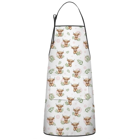 White Highland Cow Leaf Pattern Apron-Garden Aprons for Women with Pockets-Cotton Linen Waterproof Kitchen Cooking Gardening Aprons Adjustable for Kitchen,Cooking,BBQ and Salon 33x27 Inch