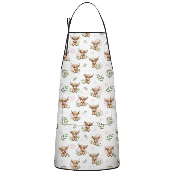 White Highland Cow Leaf Pattern Apron-Garden Aprons for Women with Pockets-Cotton Linen Waterproof Kitchen Cooking Gardening Aprons Adjustable for Kitchen,Cooking,BBQ and Salon 33x27 Inch