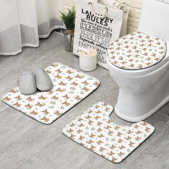 White Highland Cow Leaf Pattern Bathroom Rugs Sets 3 Piece,Toilet Cover Set,Absorbent Non Slip Bathroom Mats Sets with U-Shaped Contour Rug Toilet Rug Set