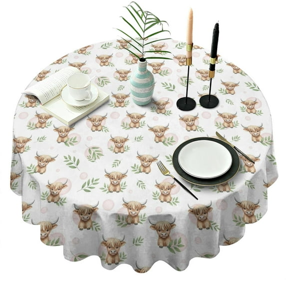 White Highland Cow Leaf Pattern Round Tablecloth 60"x60",Wrinkle Wipeable Table Cloth for Kitchen Dining Room Picnic Patio Party
