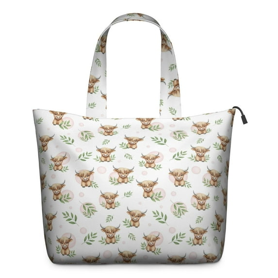 White Highland Cow Leaf Pattern Travel Tote Bags for Women Carry On,Large Weekender Bags for Women Travel,Multi Functional Duffle Bag for Work,Shopping,Sports