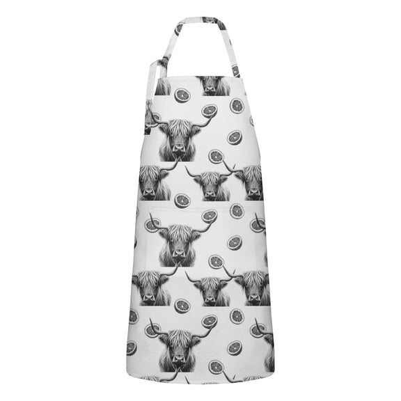White Highland Cow Lemon Pattern Apron-Garden Aprons for Women with Pockets-Cotton Linen Waterproof Kitchen Cooking Gardening Aprons Adjustable for Kitchen,Cooking,BBQ and Salon 33x27 Inch