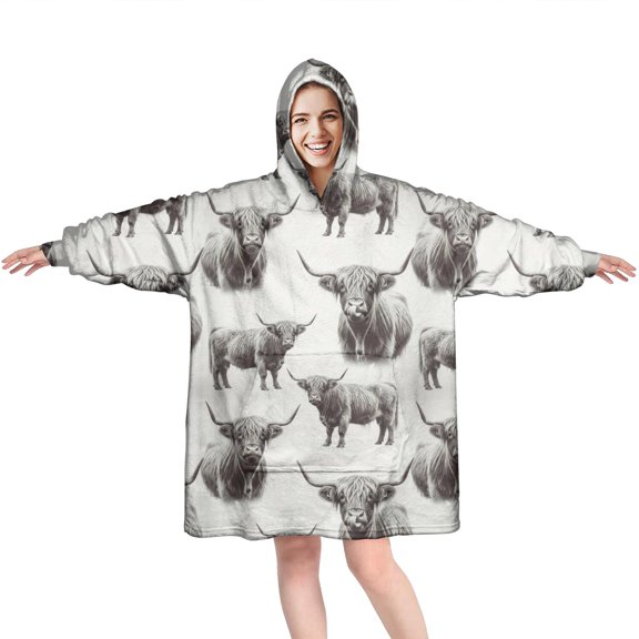 White Highland Cow Sketch Pattern Wearable Oversized Blanket,Wearable Blanket Hoodie for Adults,Cozy Hooded Blankets with Super Pockets,Super Warm Fuzzy Pullover for Women & Men