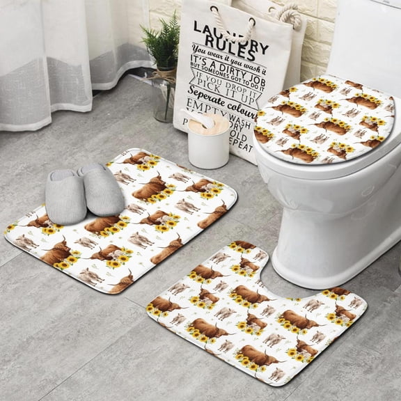White Highland Cow Sunflower Calf Pattern Bathroom Rugs Sets 3 Piece,Toilet Cover Set,Absorbent Non Slip Bathroom Mats Sets with U-Shaped Contour Rug Toilet Rug Set