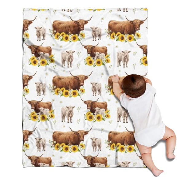 White Highland Cow Sunflower Calf Pattern Blanket,Comfortable Soft Flannel Throw Blanket,All Season,Warm Lightweight Blankets for Sofa Bed Couch Living Room Chair,30"x40"