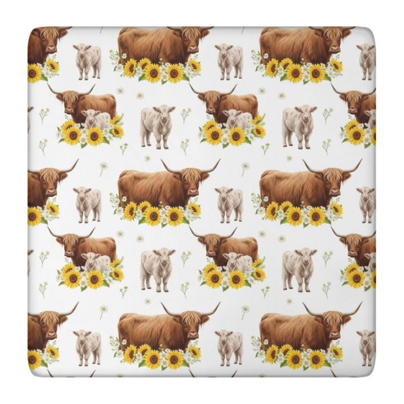 White Highland Cow Sunflower Calf Pattern Square Fitted Tablecloth with Elastic Edge,Square Table Cover,Washable Elastic Table Cover for Home Kitchen Party Decor 36"x36"
