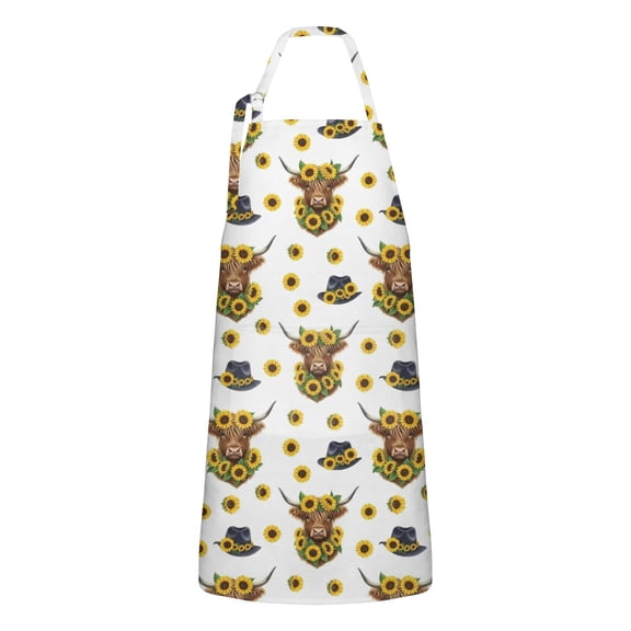 White Highland Cow Sunflower Hat Pattern Apron-Garden Aprons for Women with Pockets-Cotton Linen Waterproof Kitchen Cooking Gardening Aprons Adjustable for Kitchen,Cooking,BBQ and Salon 33x27 Inch