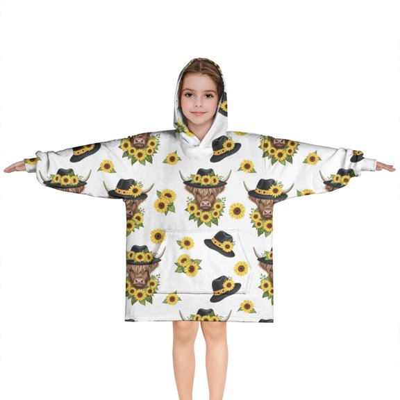 White Highland Cow Sunflower Hat Pattern Blanket Hoodies for Kids 6-13YR Oversize Wearable Blanket Hoodies for Boys Girls Teens