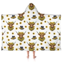 White Highland Cow Sunflower Hat Pattern Hooded Bath Towel，50"x30" for Ages 3 To 12 Kids, Quick Dry Lightweight Soft Microfiber Hood Beach Towel Cover Up for Kids