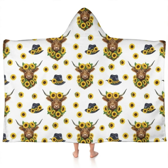White Highland Cow Sunflower Hat Pattern Hooded Bath Towel,60"x35" for Ages 3 To 12 Kids, Quick Dry Lightweight Soft Microfiber Hood Beach Towel Cover Up for Kids