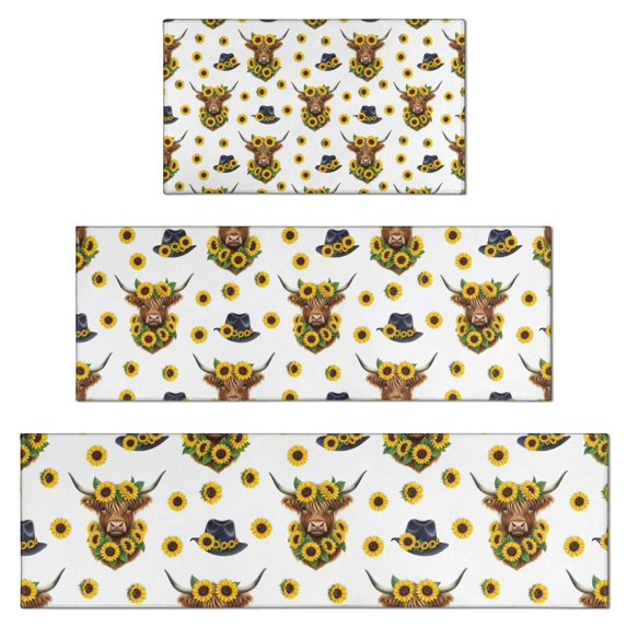 White Highland Cow Sunflower Hat Pattern Kitchen Rugs Sets Of 3,Kitchen Runner Rugs Non Skid Washable,Decorative Kitchen Floor Mats for Kitchen,Sink,Laundry,17"x30"+ 17"x47" + 17"x59"