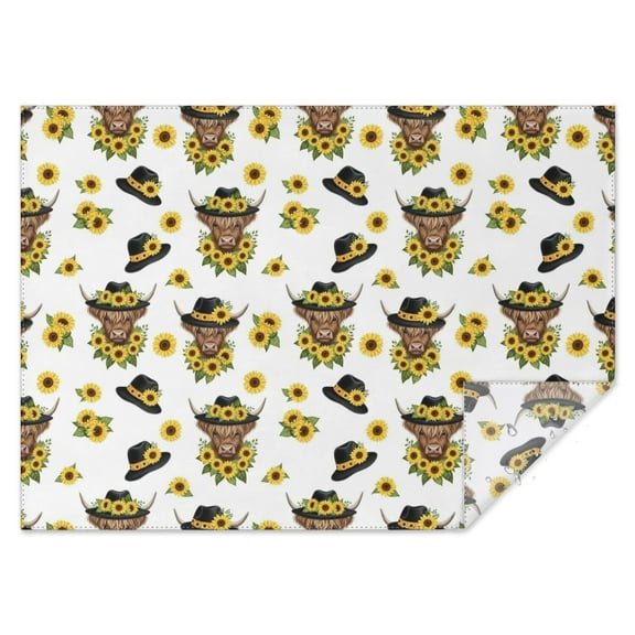 White Highland Cow Sunflower Hat Pattern Rectangle Tablecloth 60"x84",Waterproof Polyester Rectangle Table Cloth, Wipeable Spillproof Polyester Tablecloth for Dining, Camping, Indoor and Outdoor