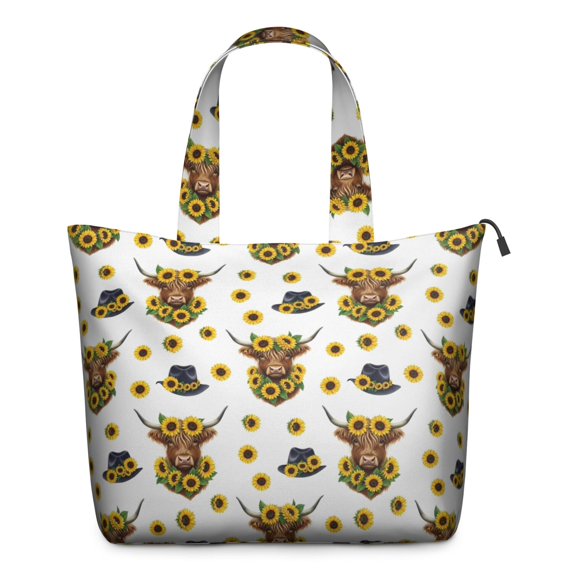 White Highland Cow Sunflower Hat Pattern Travel Tote Bags for Women Carry On,Large Weekender Bags for Women Travel,Multi Functional Duffle Bag for Work,Shopping,Sports