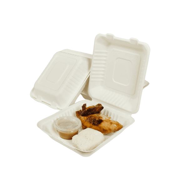 White Hinged Clamshell Take Out Food Containers [100 Pack] Heavy Duty Disposable To-Go Containers for Restaurants, Food Trucks, Meal Prep - Microwave & Freezer Safe (1 Compartment - 8 x 8 x 3)