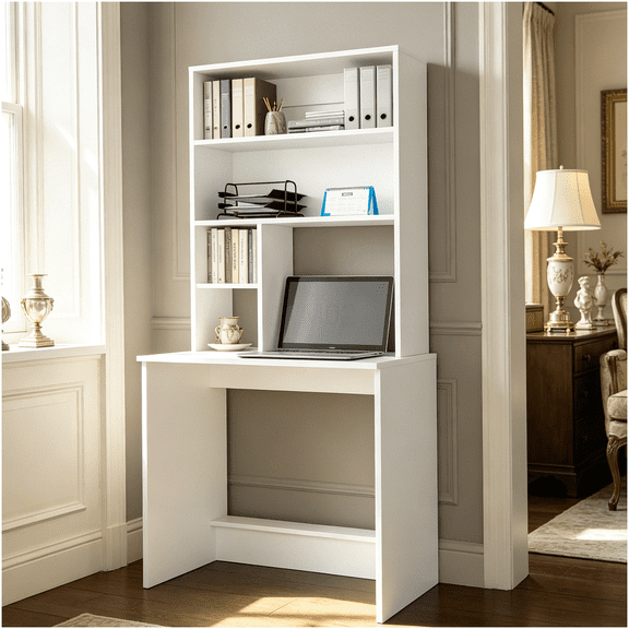 White Home Office Computer Hutch Desk with Shelves for Work from Home Setup