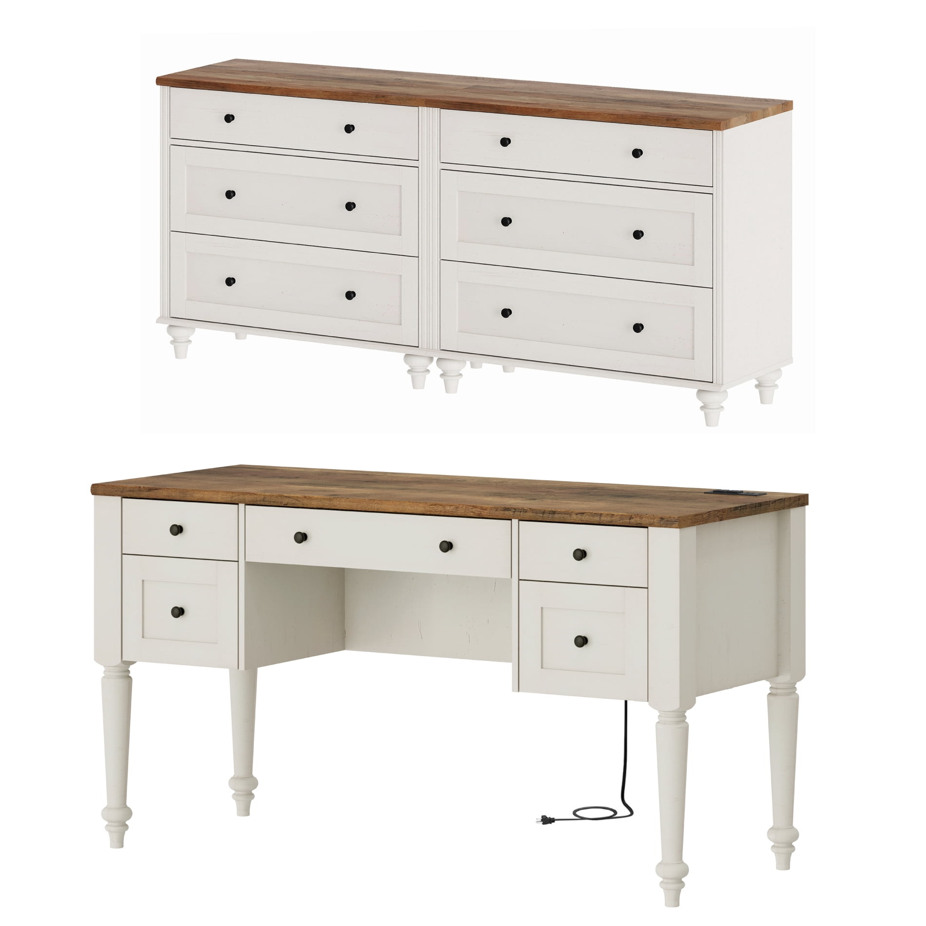 White Home Office Furniture Set, 56" Executive Desk with Charging Station, 2-in-1 Cabinet with 6 Wooden Drawers, Wood Computer Desk with File Cabinet Storage, Open Shelf