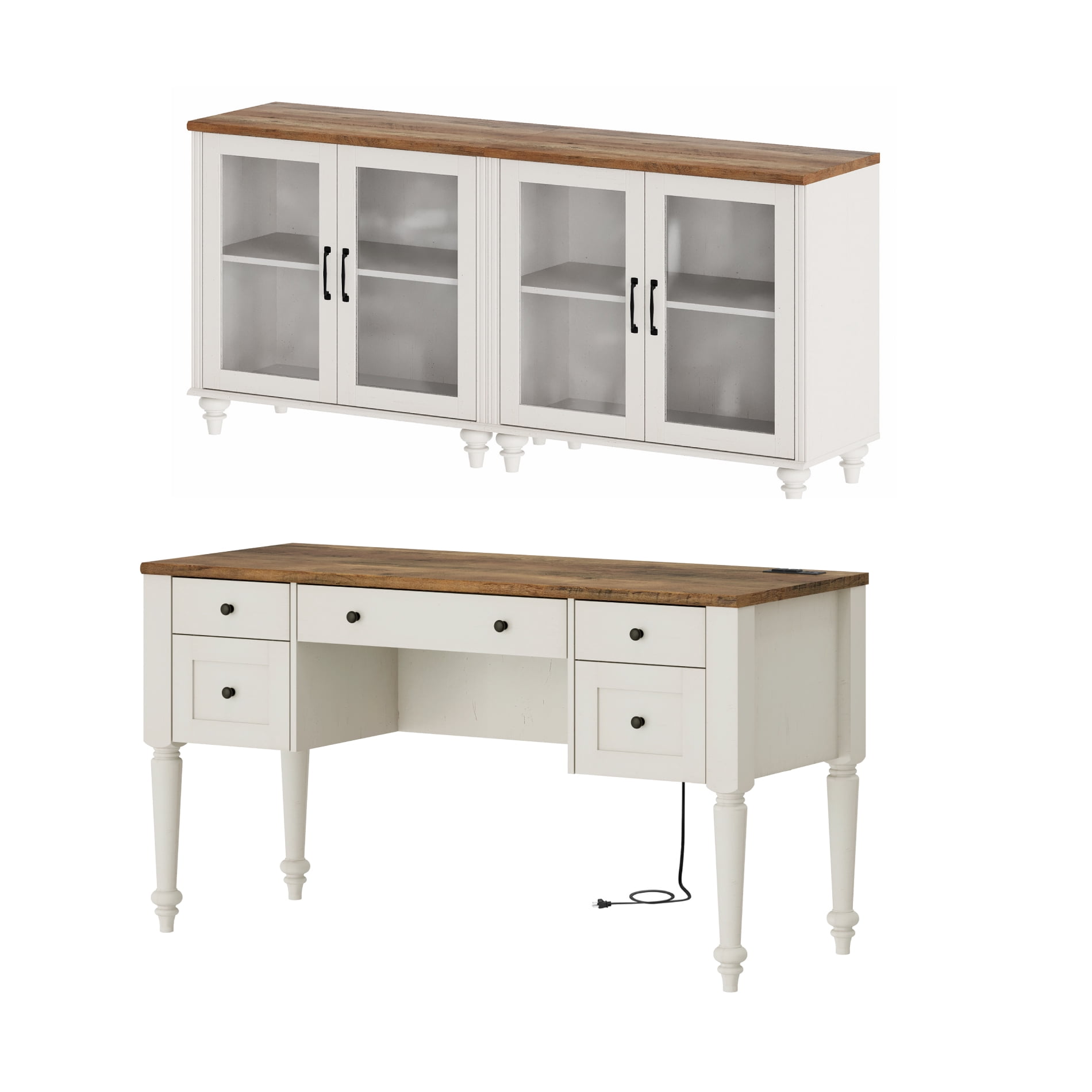 White Home Office Furniture Set, 56" Executive Desk with Charging Station, 2-in-1 Cabinet with Glass Doors, Wood Computer Desk with File Cabinet Storage, Open Shelf
