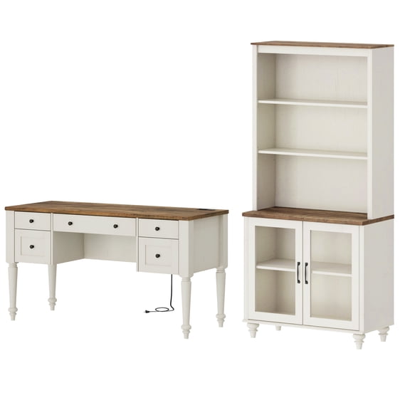 White Home Office Furniture Set, 56" Executive Desk with Charging Station, 72" Tall Bookcase with 2 Glass Doors, Wood Computer Desk with File Cabinet Storage, Open Shelf
