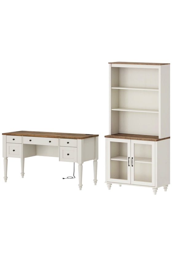 White Home Office Furniture Set, 56" Executive Desk with Charging Station, 72" Tall Bookcase with 2 Glass Doors, Wood Computer Desk with File Cabinet Storage, Open Shelf