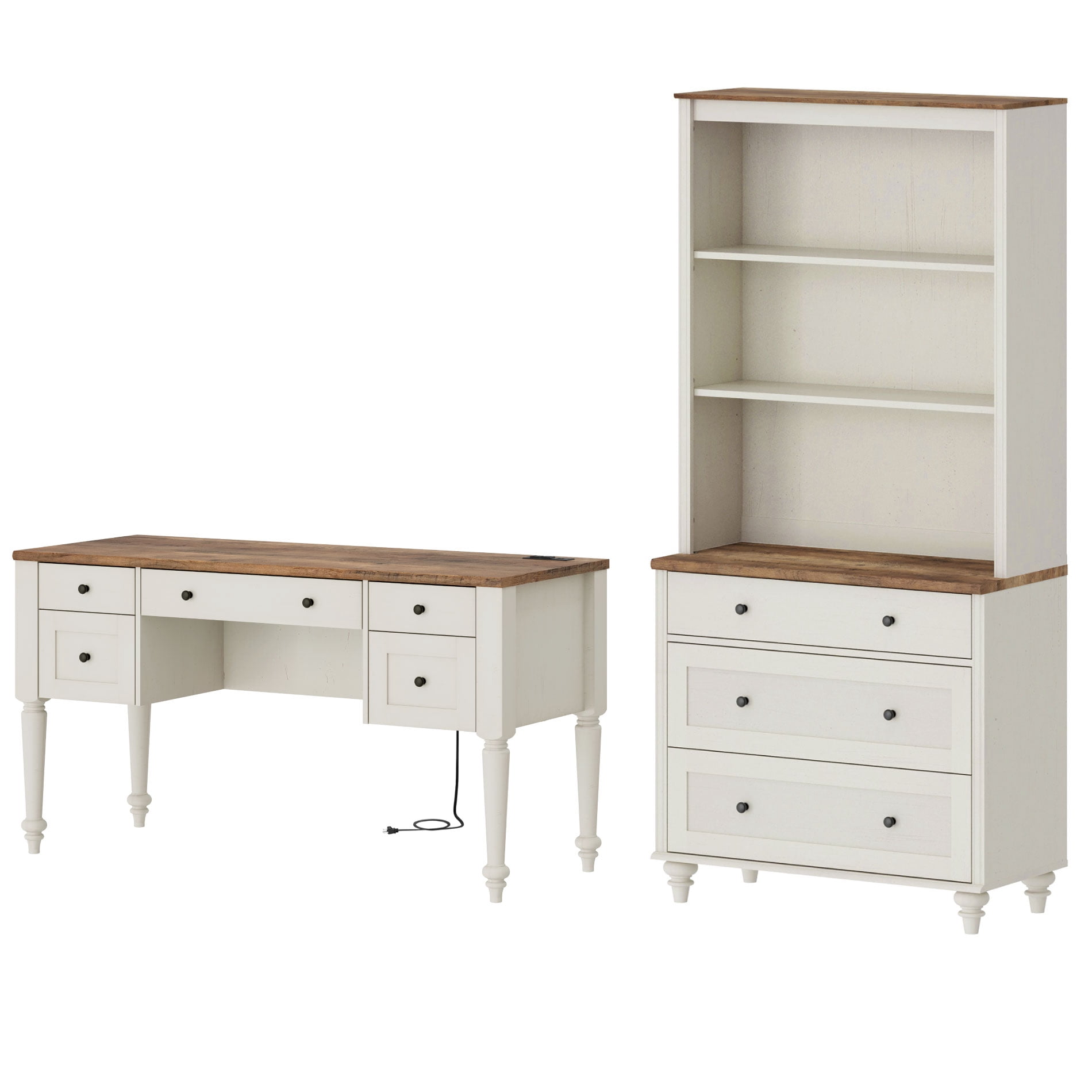 White Home Office Furniture Set, 56" Executive Desk with Charging Station, 72" Tall Bookcase with 3 Drawers, Wood Computer Desk with File Cabinet Storage, Open Shelf