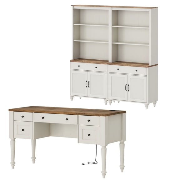 White Home Office Furniture Set, 56" Executive Desk with Charging Station, 72" Tall Bookcase with 4 Doors and 2 Drawers, Wood Computer Desk with File Cabinet Storage, Open Shelf