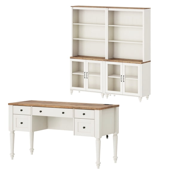White Home Office Furniture Set, 56" Executive Desk with Charging Station, 72" Tall Bookcase with 4 Glass Doors, Wood Computer Desk with File Cabinet Storage, Open Shelf