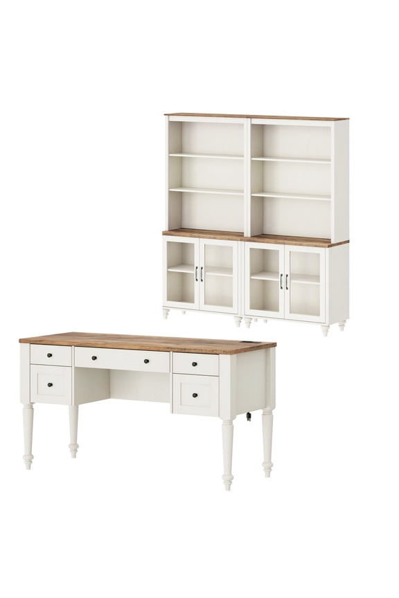 White Home Office Furniture Set, 56" Executive Desk with Charging Station, 72" Tall Bookcase with 4 Glass Doors, Wood Computer Desk with File Cabinet Storage, Open Shelf