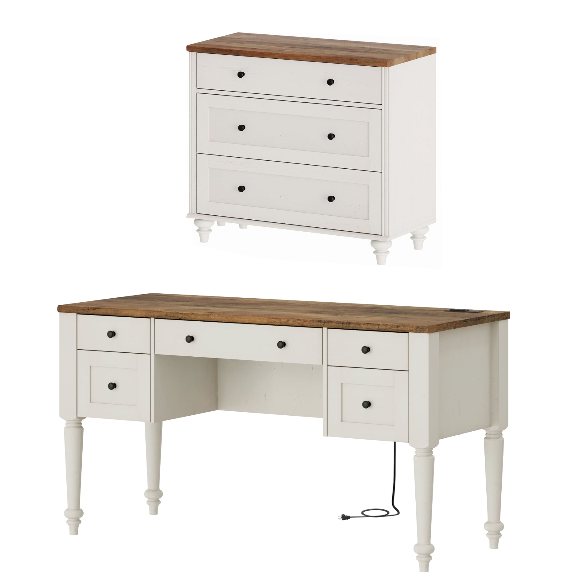 White Home Office Furniture Set, 56" Executive Desk with Charging Station, Farmhouse Cabinet with 3 Wooden Drawers, Wood Computer Desk with File Cabinet Storage, Open Shelf