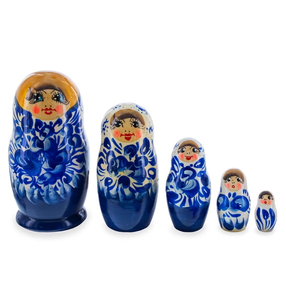 White Hood with Blue Flowers Wooden Nesting Dolls