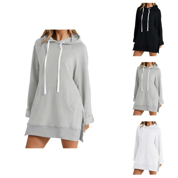White Hoodie Womens Hoodie Oversized Sweatshirt Casual Wear Zip Up Hoodie Women Long Sleeve Solid Color Pocket Hoodie Dress For Women Casual Loose Fit Sweatshirt Dress With Hood Fall Winter Fashion