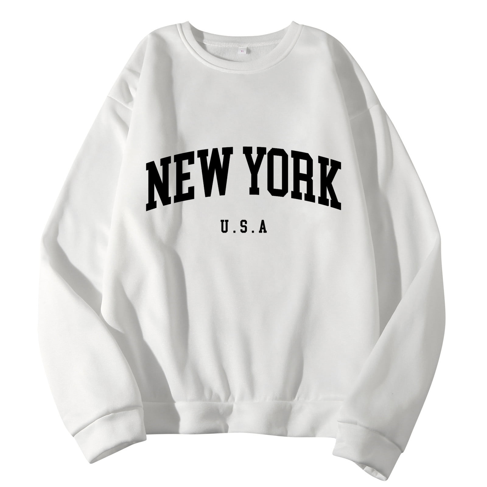 White Hoodies New York Men Women Letter Graphic Print Long Sleeve Round  Neck Tops Sweatshirt 