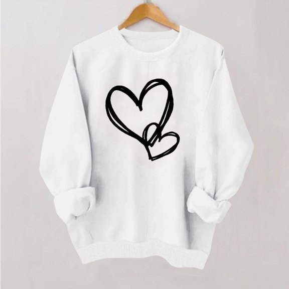 White Hoodies for Women Valentines Shirt for Women Causal Heart Print Graphic Long Sleeve Oversized Blouse Tops Plus Size Crewneck Sweatshirt Womens Fashion Clothing