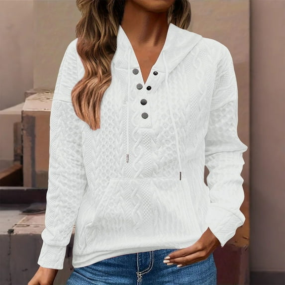 White Hoodies for Women A Solid Color Pocket Knitted Long Sleeved Loose Sweatshirt for Women Fall Tops for Women 2025