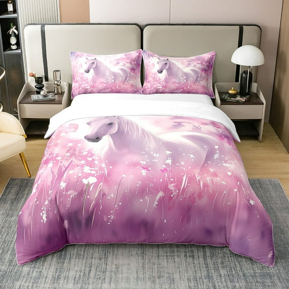 White Horse 100% Organic Cotton Duvet Cover For Teens,Pink Fantasy Floral Bedding Set,Magical Animal Comforter Cover,3D Galloping Horse Bedspread Cover With Zipper Closure,Full Size