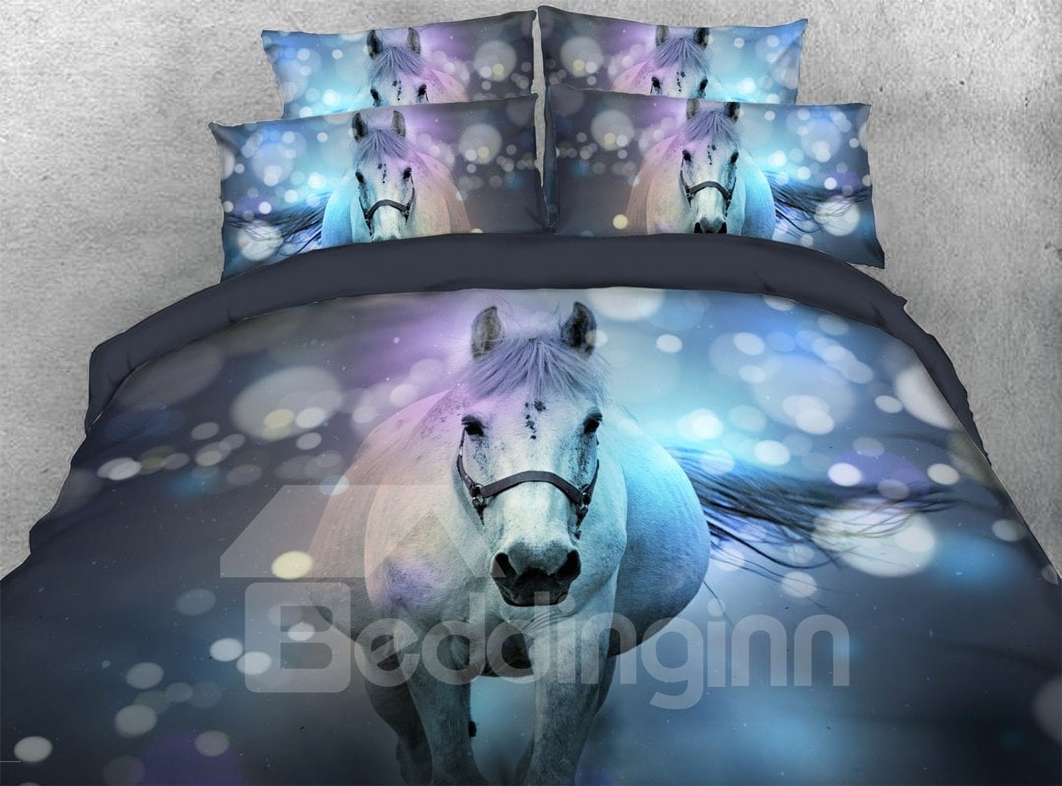 White Horse 3D Printed Duvet Cover Set with 1 Flat Sheet 2 Pillowcases, Animal Horse Bedding Set