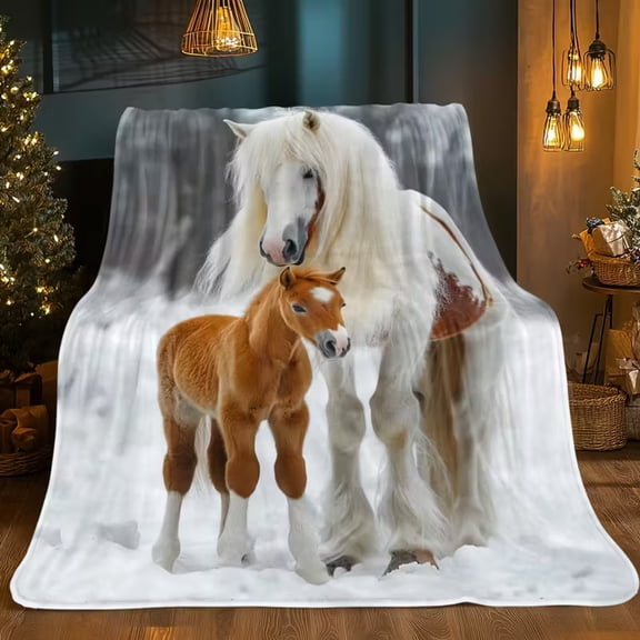 White Horse And Foal in Snow Pattern HD Print Blanket