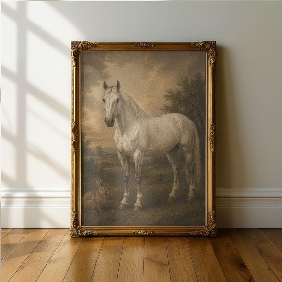 White Horse And Rabbit Wall Art Print