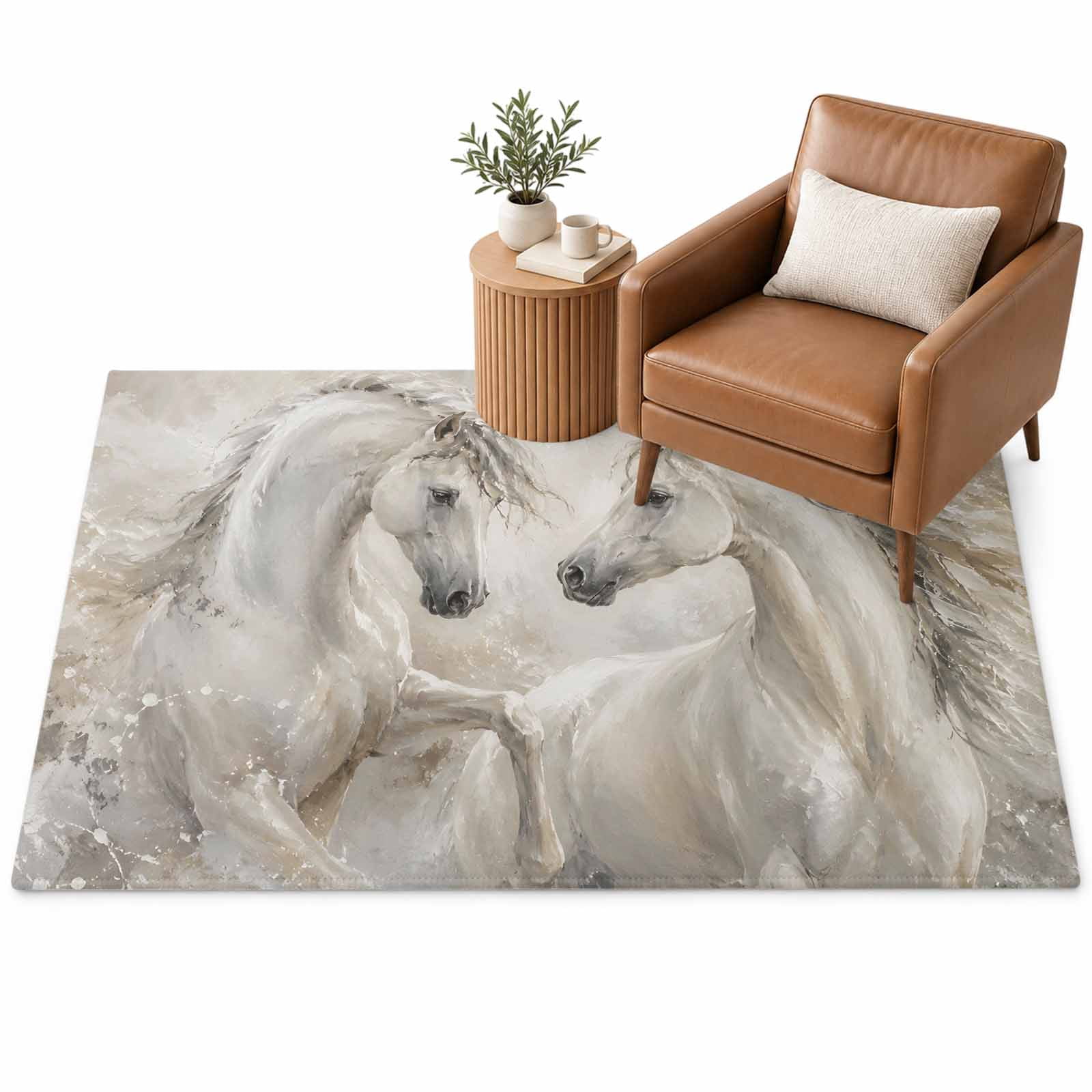 White Horse Area Rug 2.7'x5', Rustic Vintage Silver Wildlife Oil ...