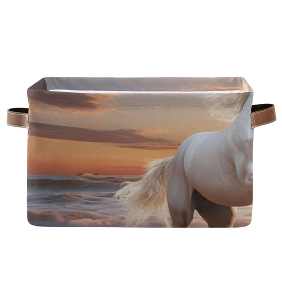 White Horse Beach Sea Storage Bins Baskets With Handles Storage Box Clothes Organizer Organization Toys